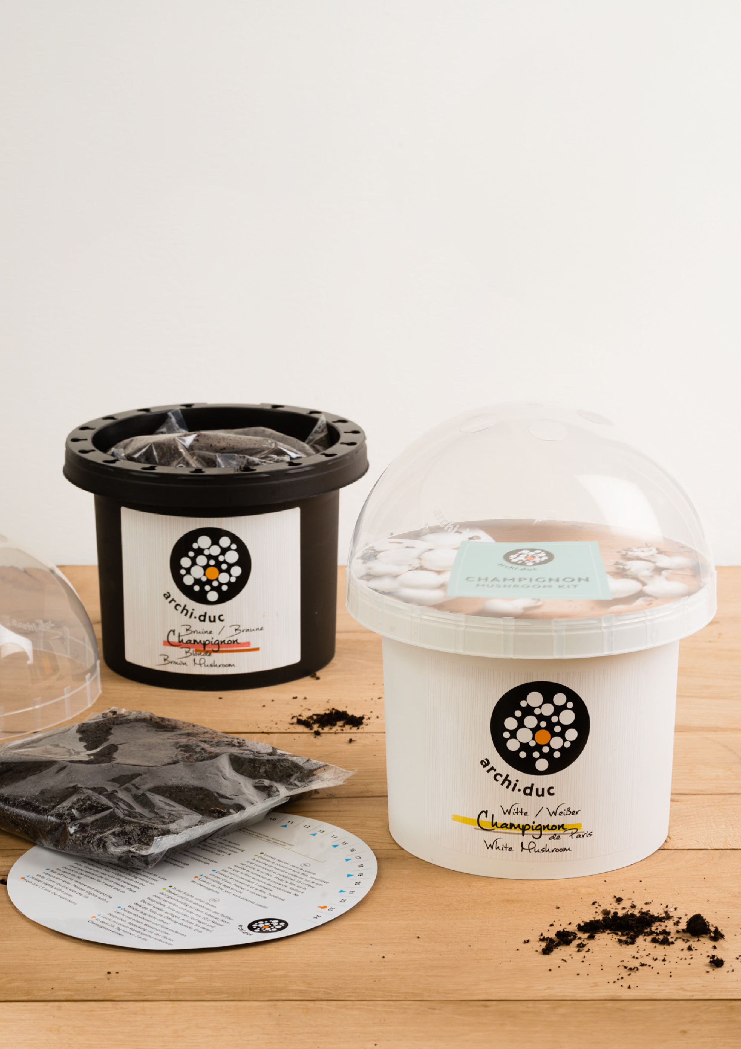Archiduc mushroom growing kits — white and brown